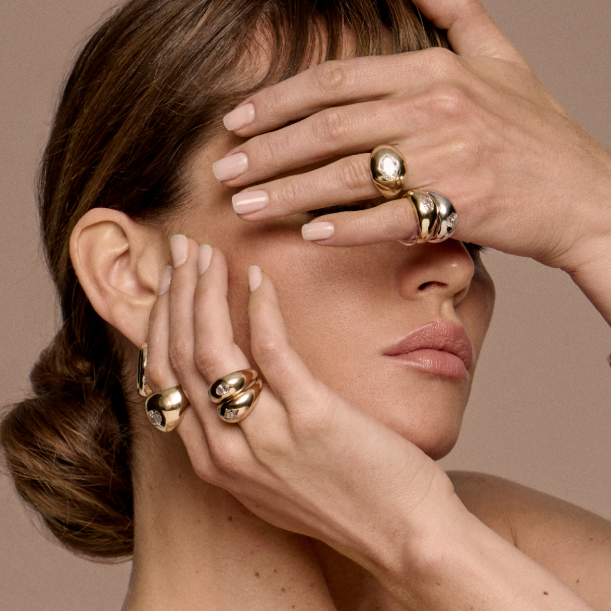 Women wearing VRIA created diamond dome rings designed by Petra & Meehan flannery